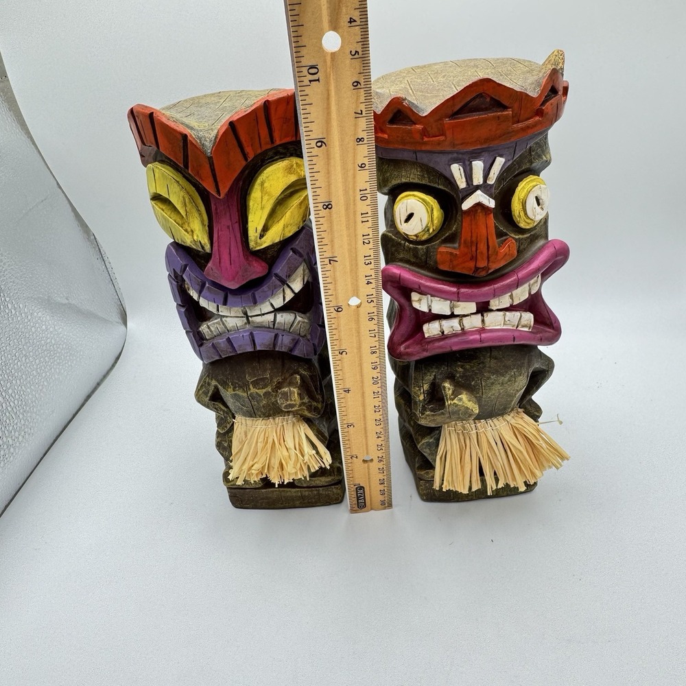 Set of 2 Carved Wooden Tiki Figures Polynesian Island Decor 10" - Picture 7 of 8